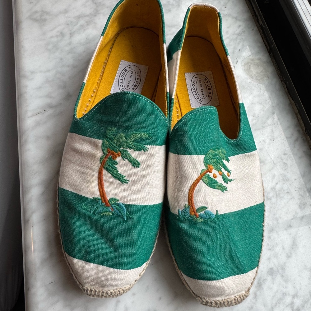 Stubbs and Wootton Green and White Espadrilles with Palm Tree Embroidery